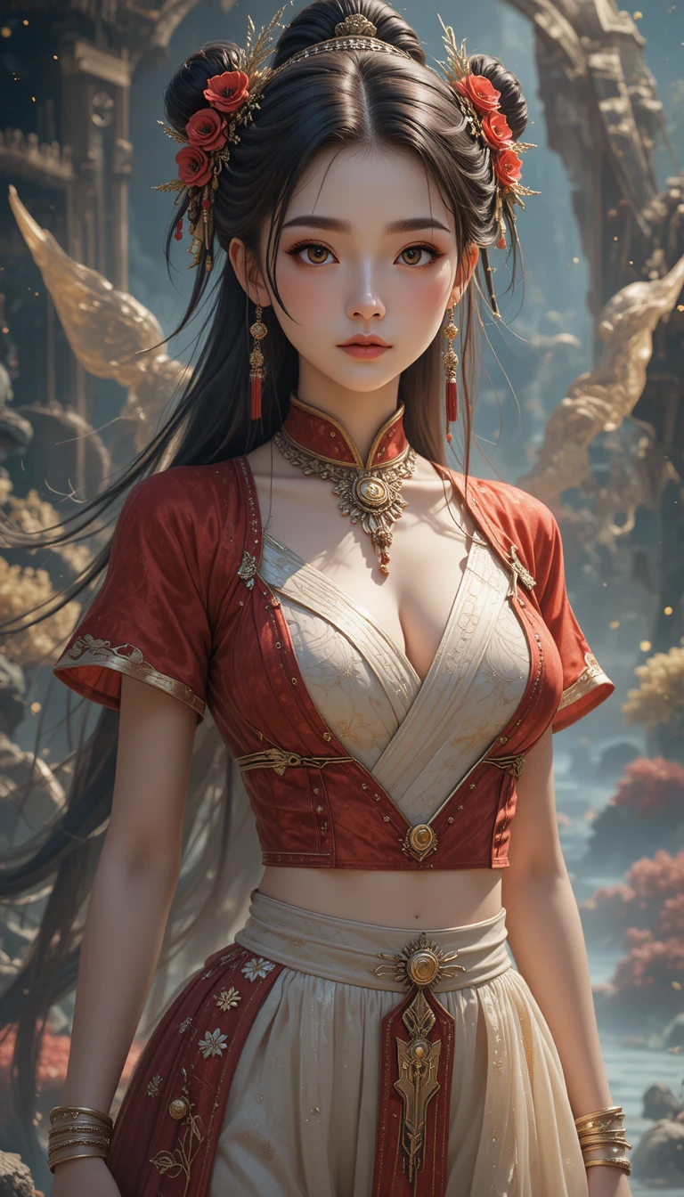 Anime-Pandawa-Frau in rotem und cremefarbenem traditionellen Outfit