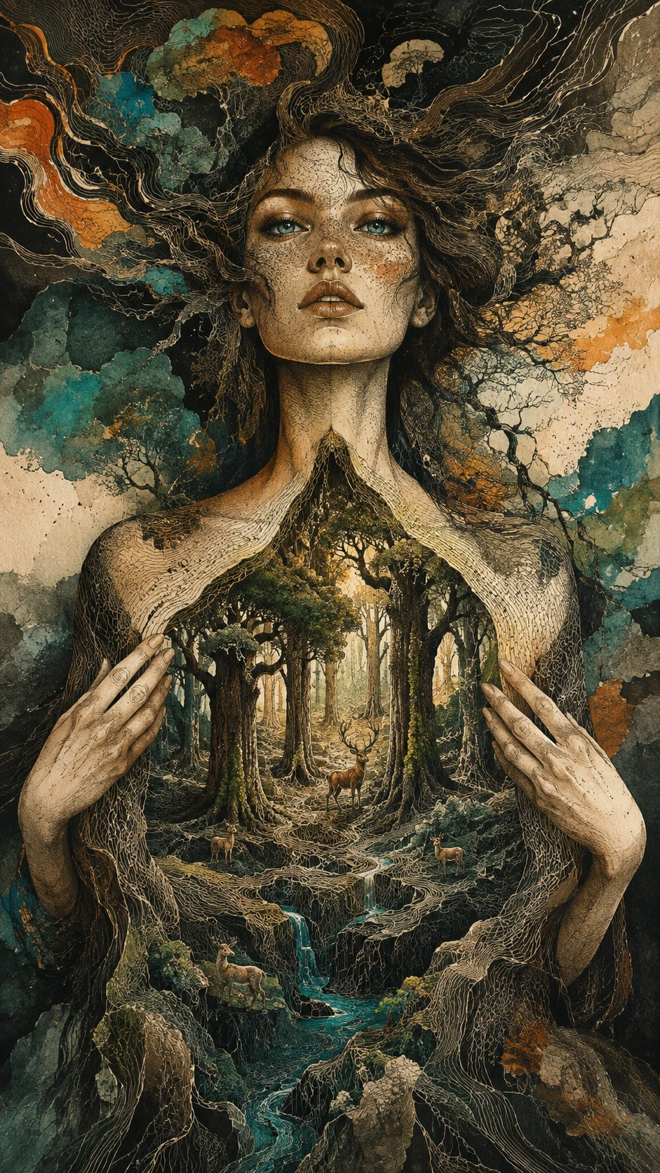 Retrato surreal de mulher com floresta se abrindo em seu peito