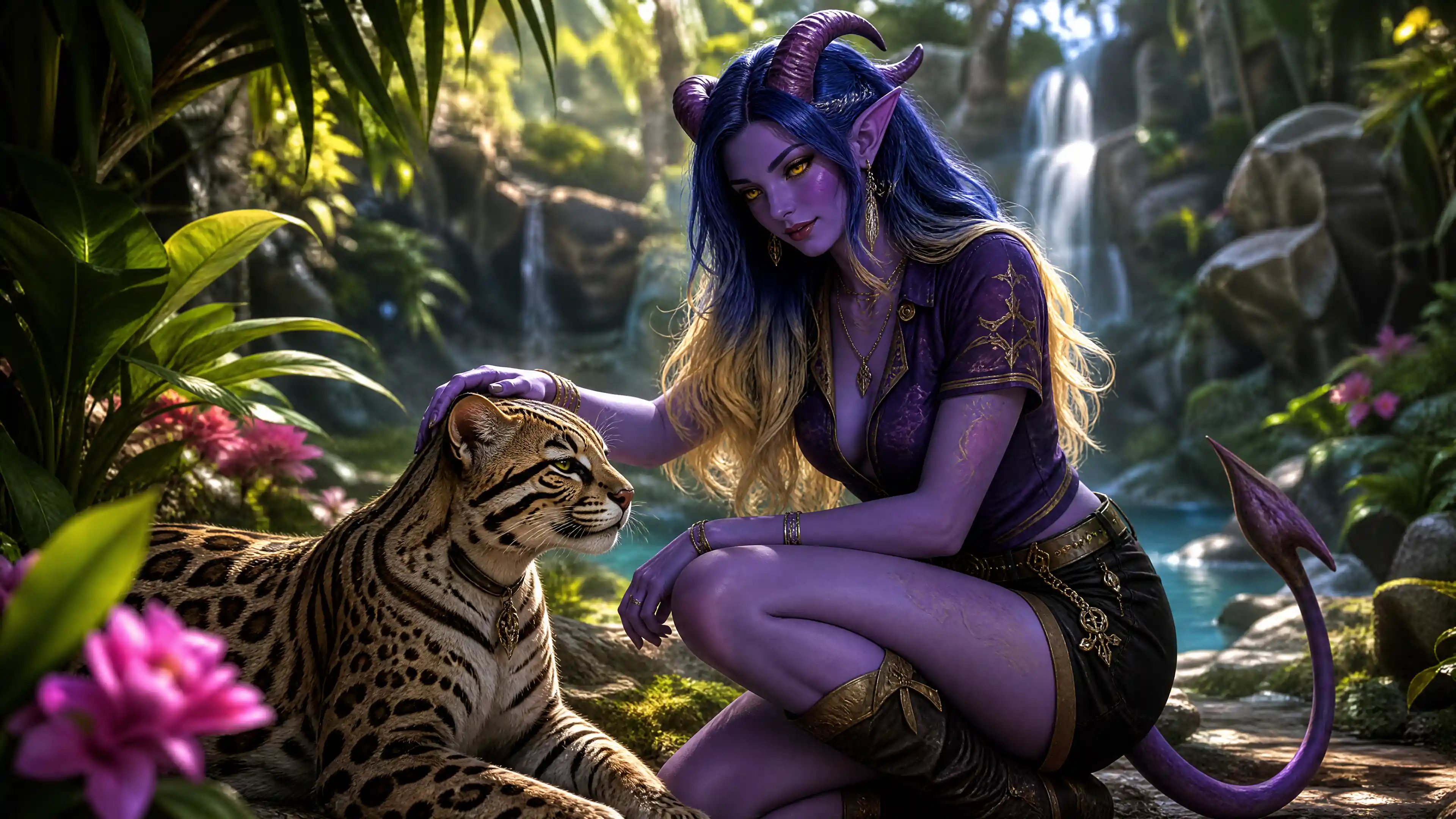 Purple tiefling woman petting an ocelot in jungle