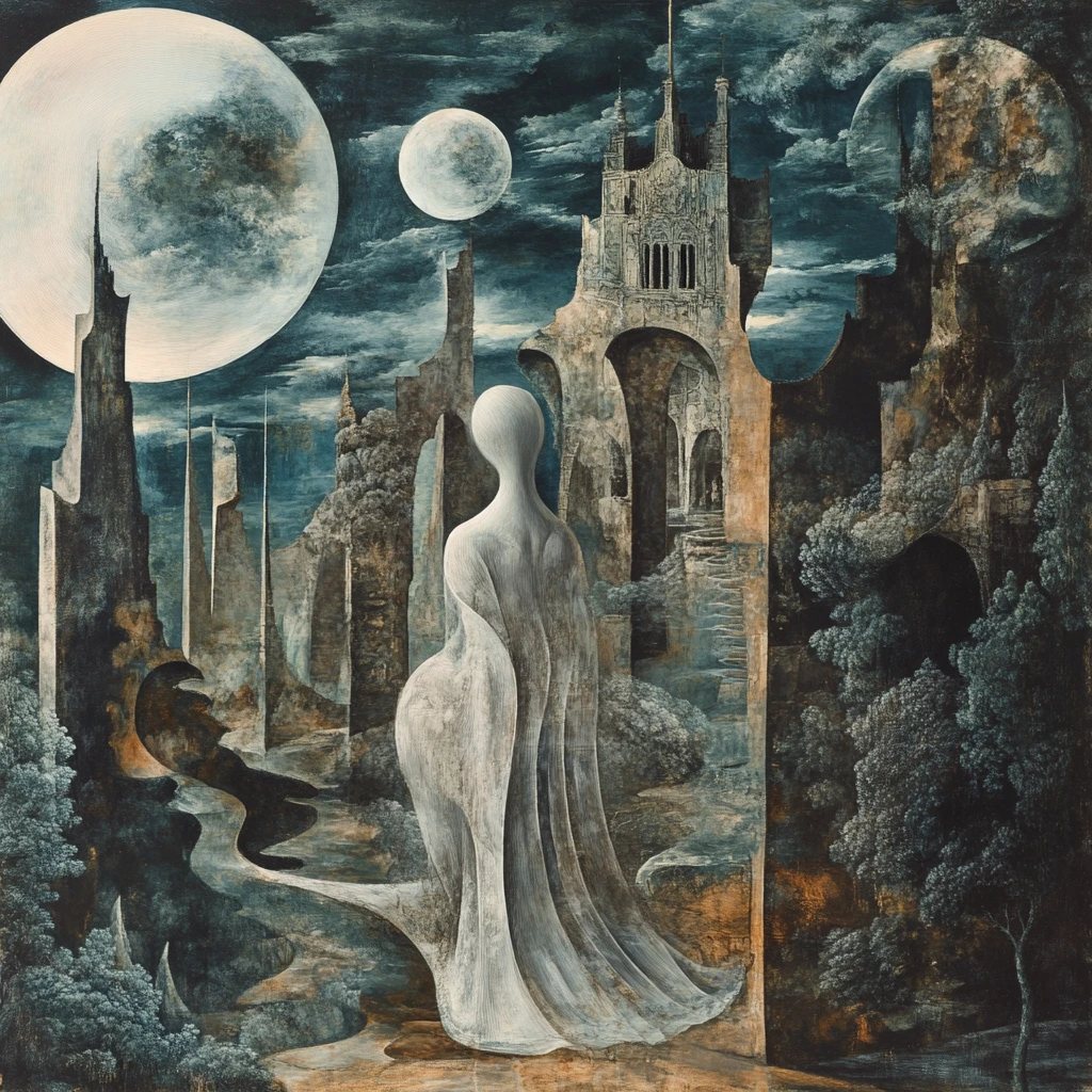 Mulher surreal surgindo em uma paisagem mística de sonho