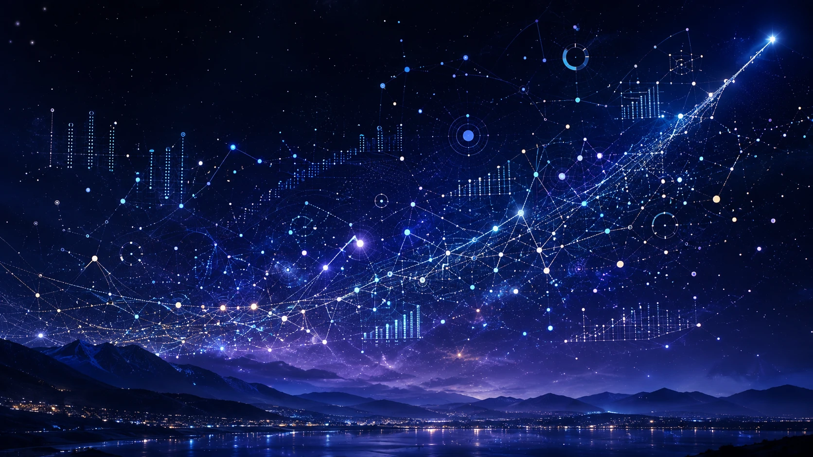 Wide night sky of glowing data constellations and charts