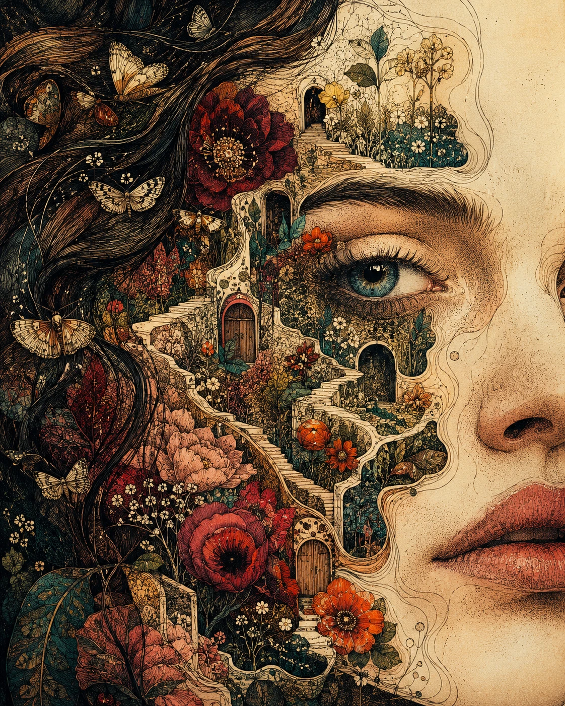 Retrato Surreal de Mulher se Abrindo para um Jardim Secreto