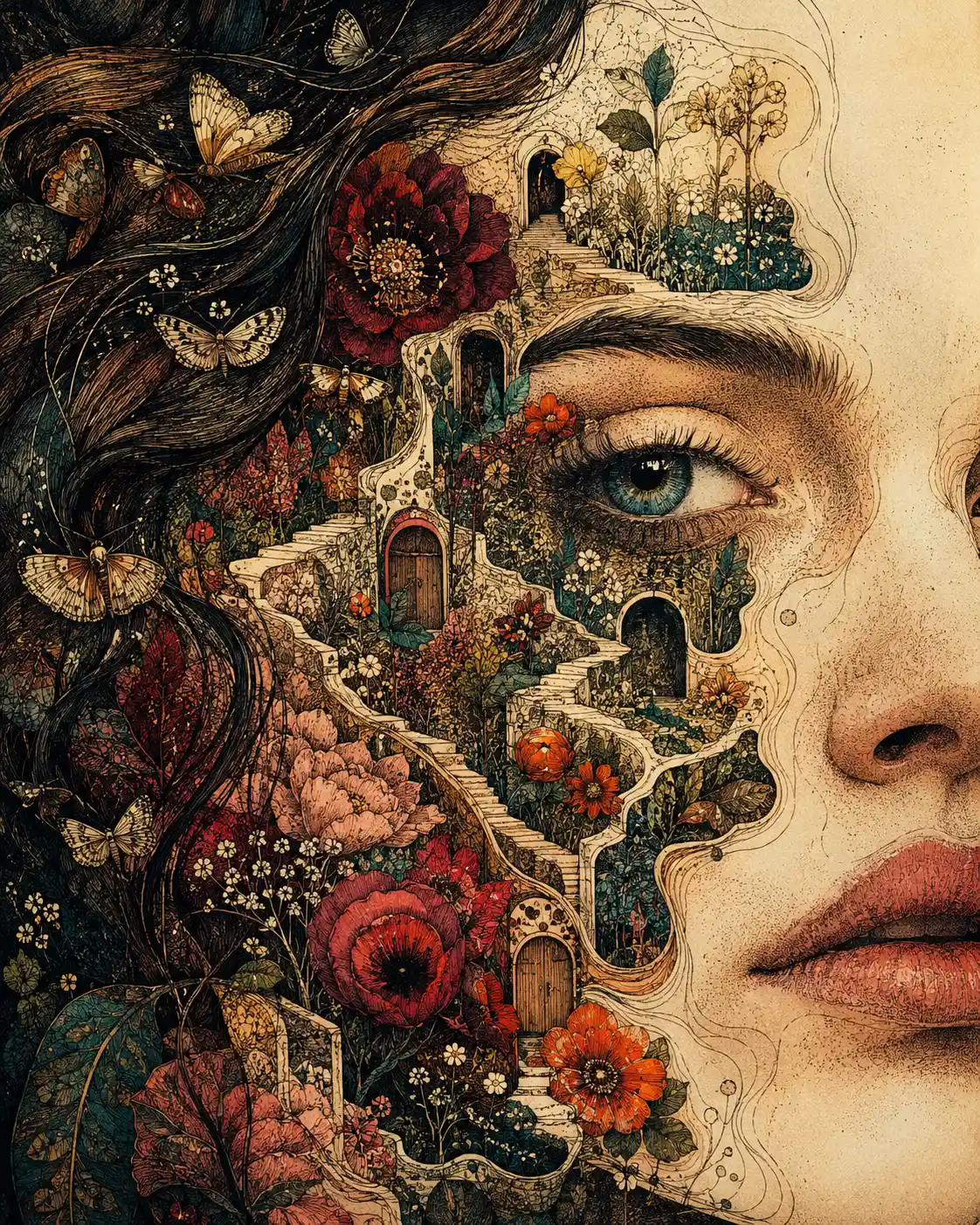 Surreal Woman Portrait Opening Into A Hidden Garden