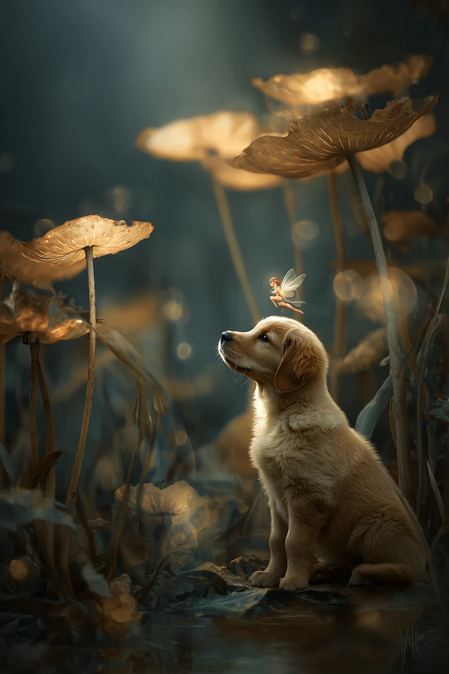 Filhote de golden retriever com fada em campo de dentes-de-leão brilhantes