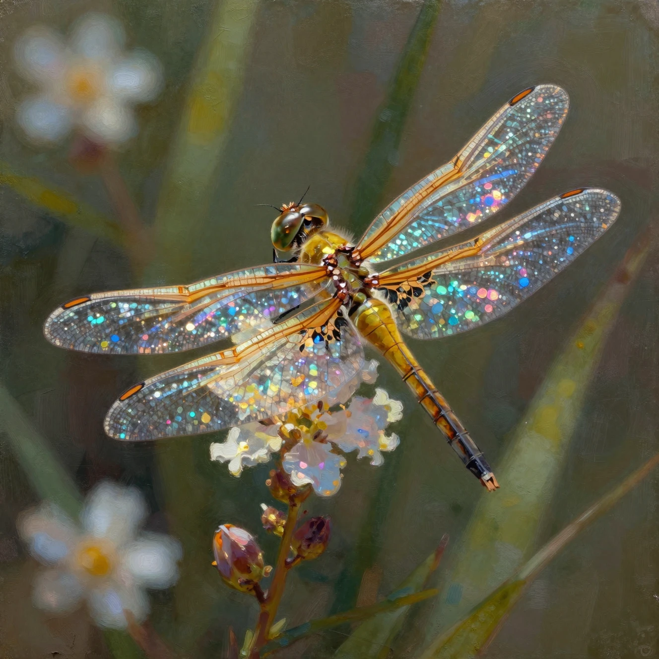 Libellule lumineuse planant au-dessus de fleurs scintillantes dans la nuit