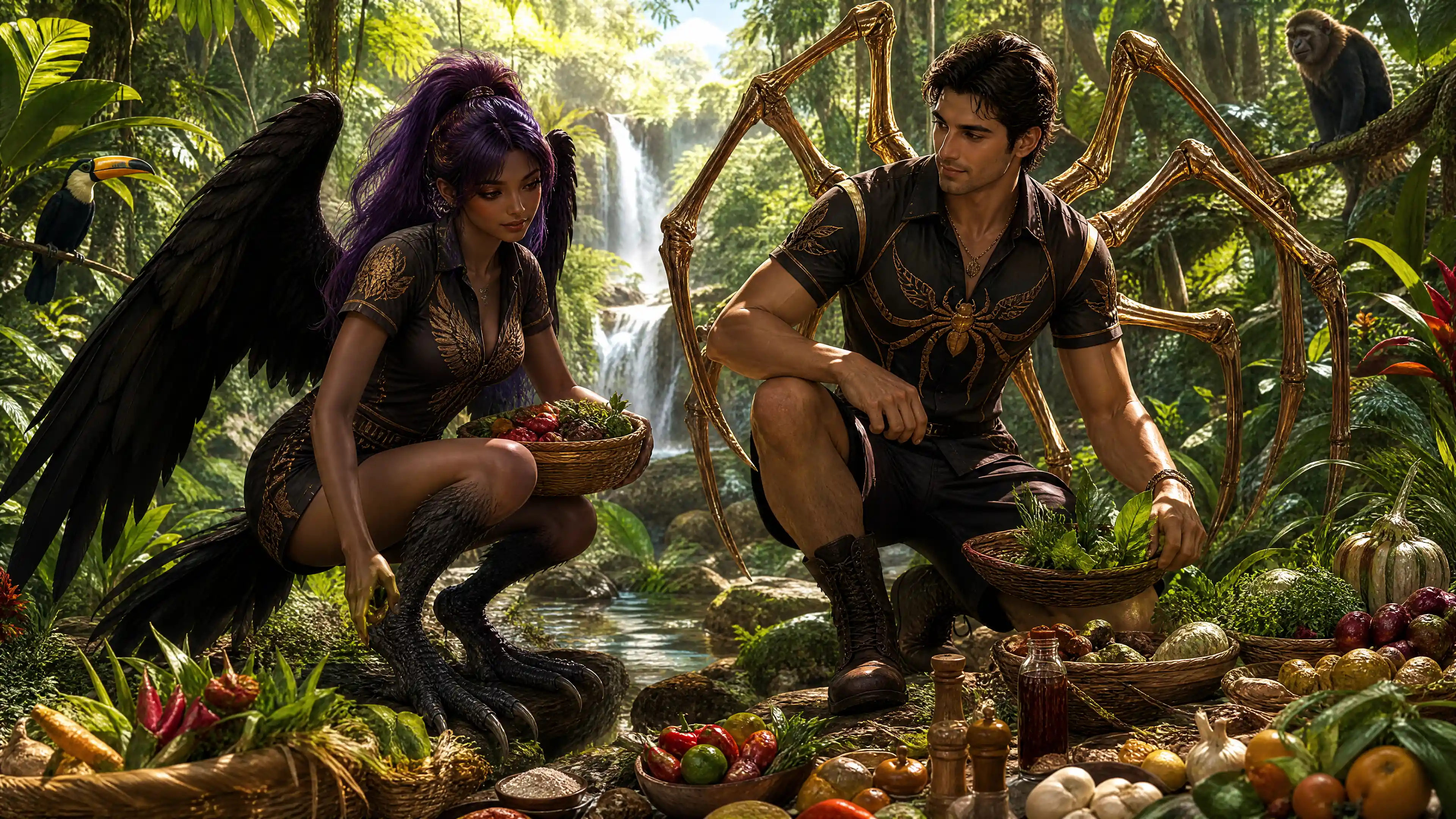 Mulher harpia e chef humano em selva tropical exuberante