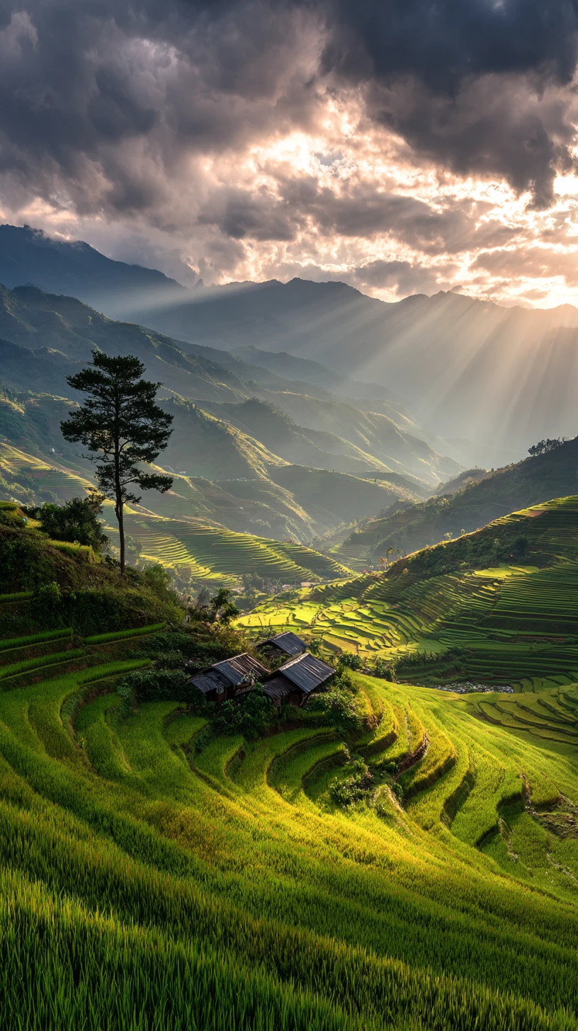 日出時的梯田、茅屋與群山美景