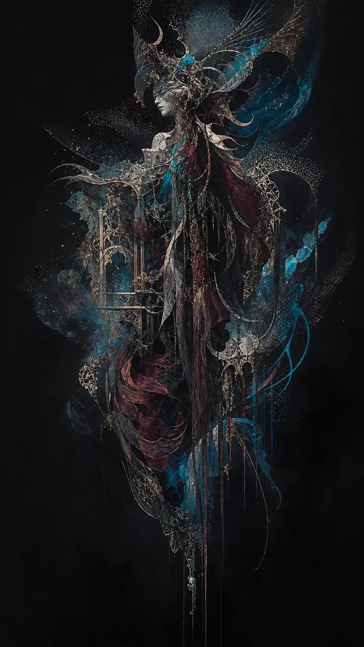 Surreal abstract figure woven from organic ribbons and fragments