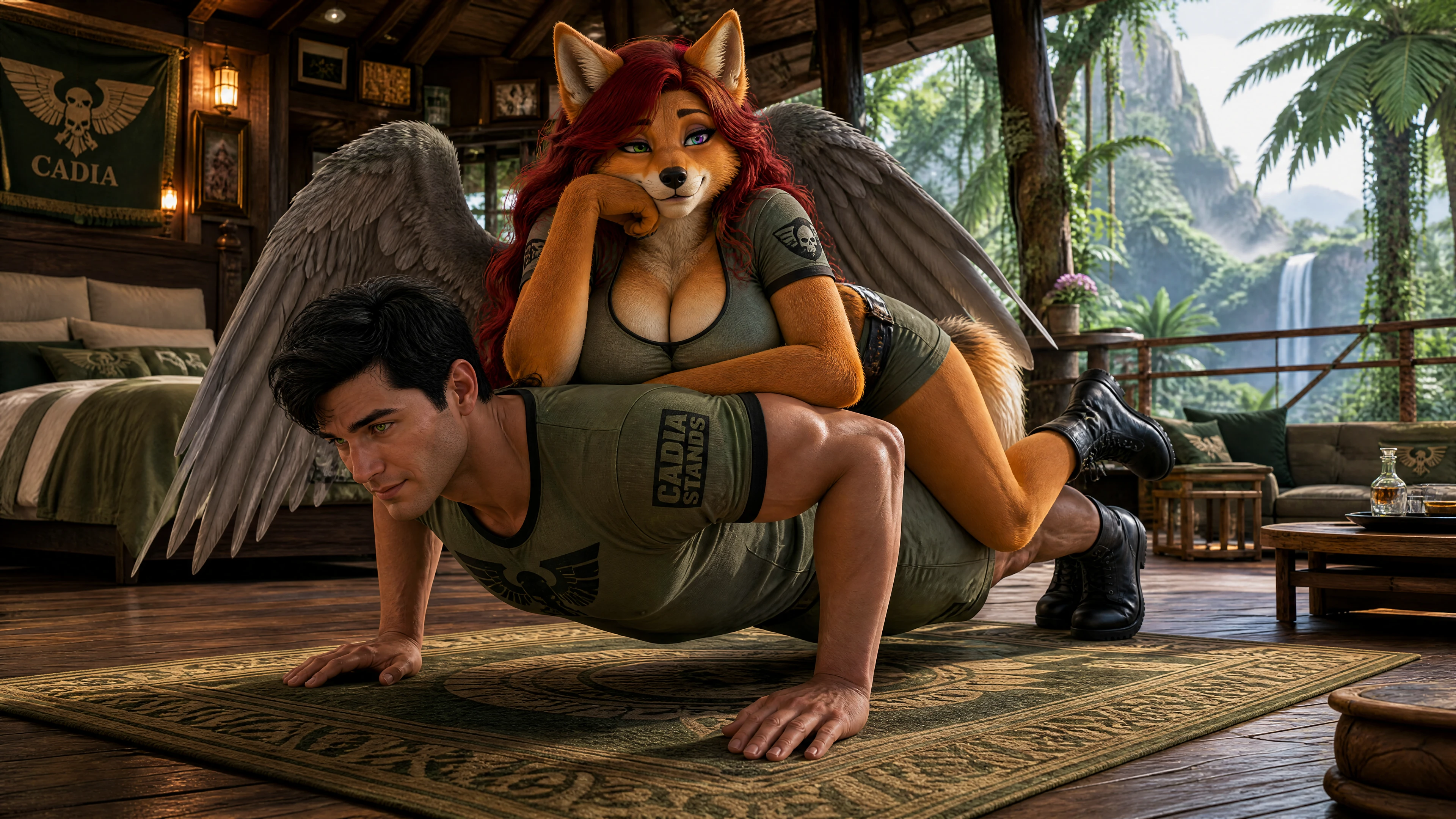 Loup redoutable anthropomorphe se relaxant avec son partenaire dans une cabane dans les arbres en pleine jungle