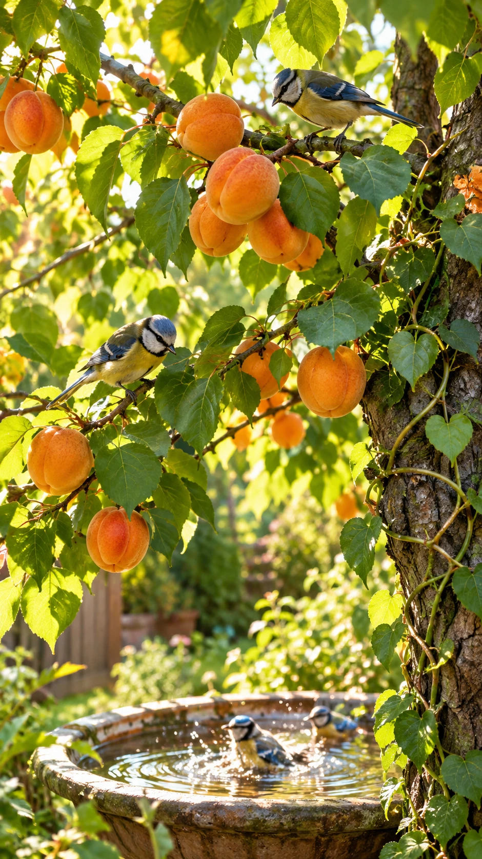 Sunlit apricot tree with playful titmice in foliage