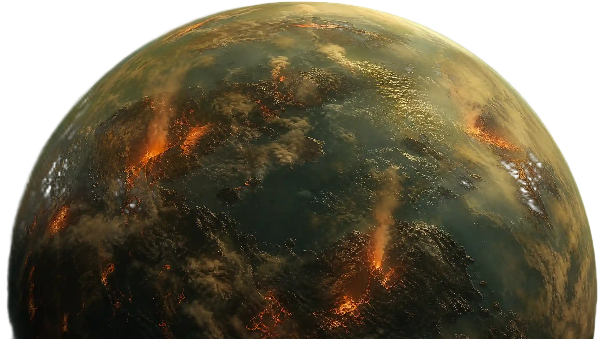 從太空俯瞰擁有火山大陸與海洋的遠古地球