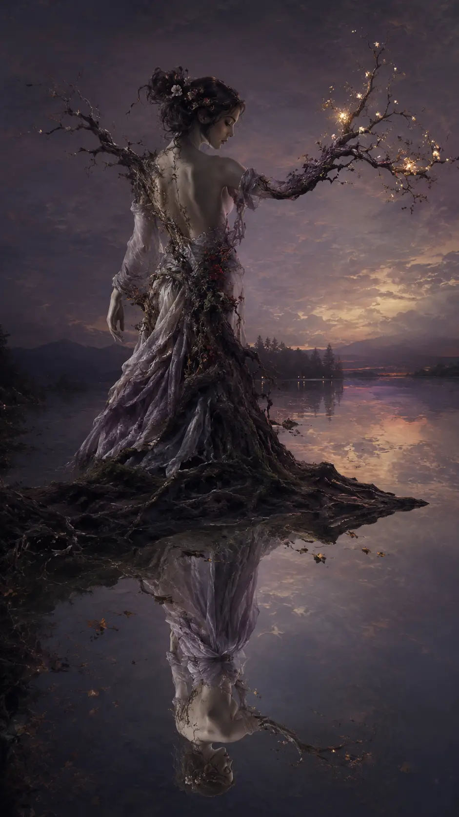 Mujer fusionándose con un árbol ancestral junto a un lago silencioso al atardecer