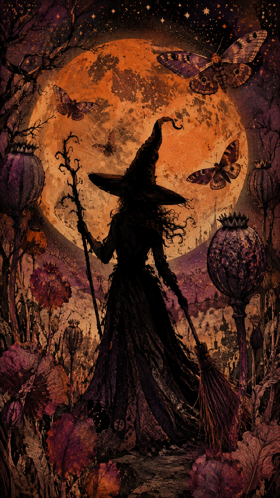 Solitary witch silhouette in an enchanted midnight garden