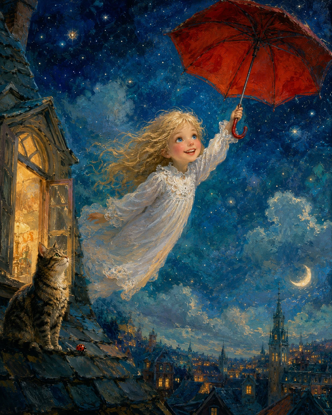 Flying girl with red umbrella over starry night sky