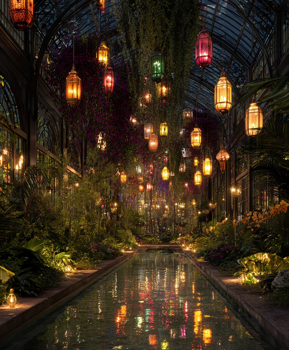 Lantern lit tropical conservatory under towering glass arches