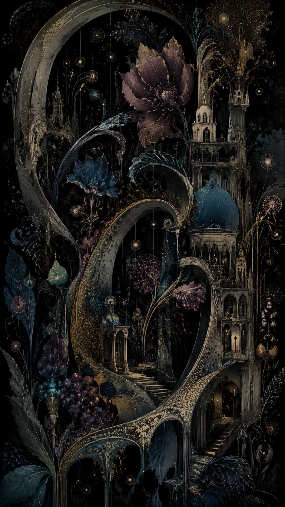 Surreal garden arching through impossible gothic architecture