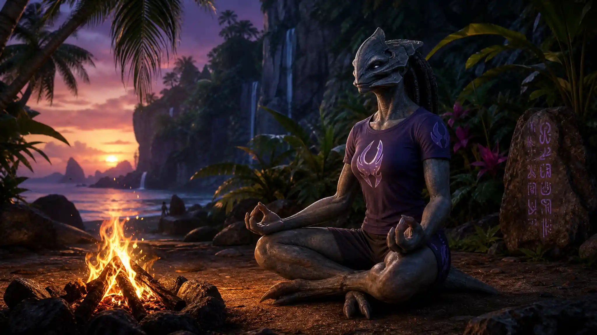 Alien warrior woman meditating by campfire in tropical jungle