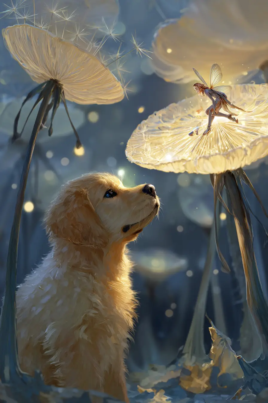 蒲公英花田中與發光小精靈的黃金獵犬幼犬