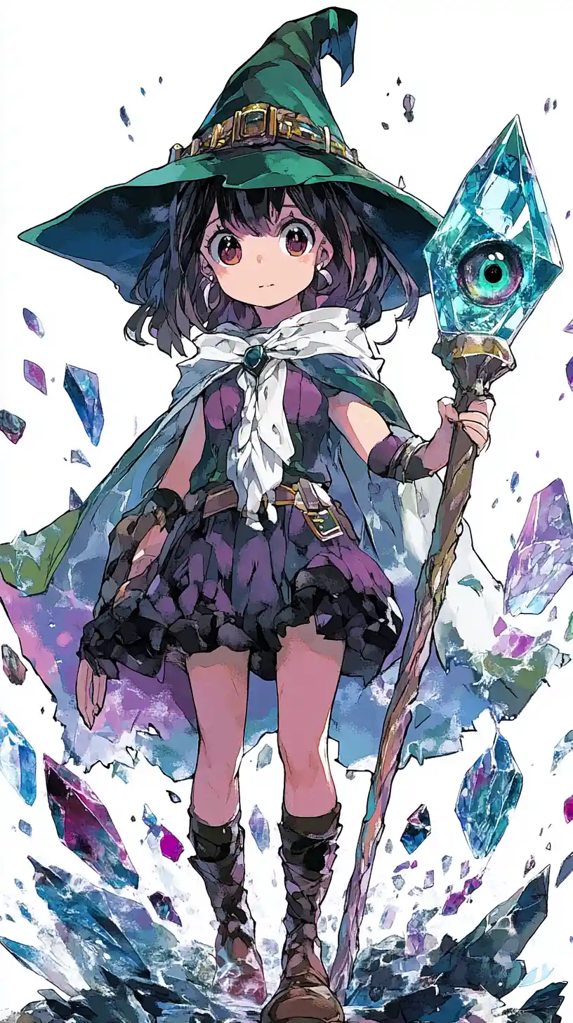 抽象世界の水晶の眼の杖を持つ魔女の少女