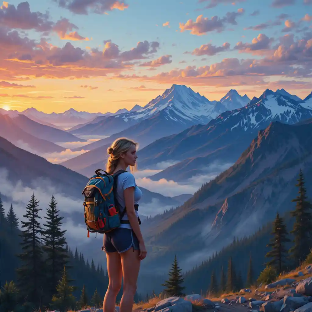運動感十足的金髮女健行者與暮色山嶺景觀