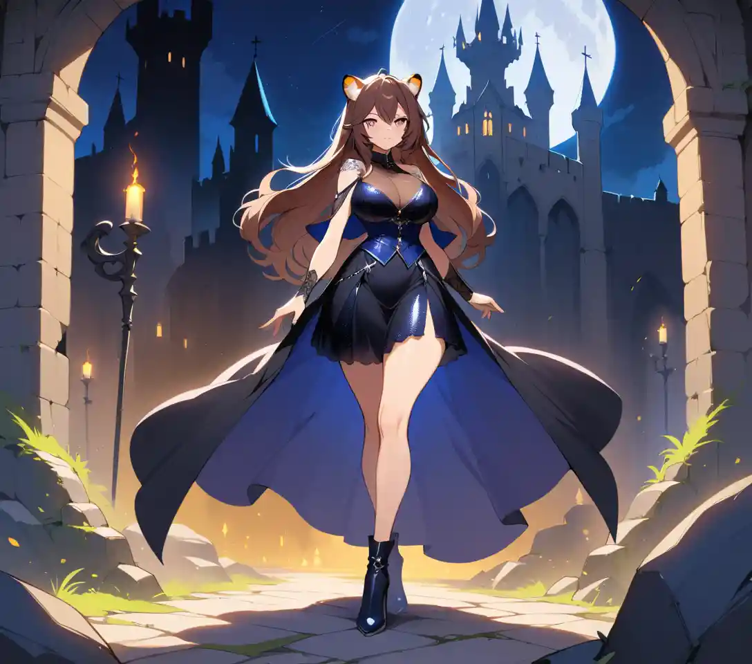 Scarred tigress woman standing in ruined medieval castle