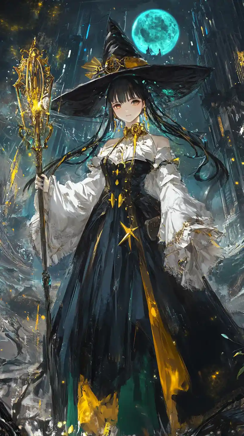 穿著華麗綠色服裝與黑色帽子的動漫女孩
