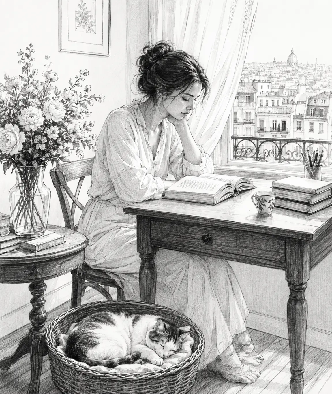 Femme Lisant à un Bureau dans un Intérieur de Maison Paisible