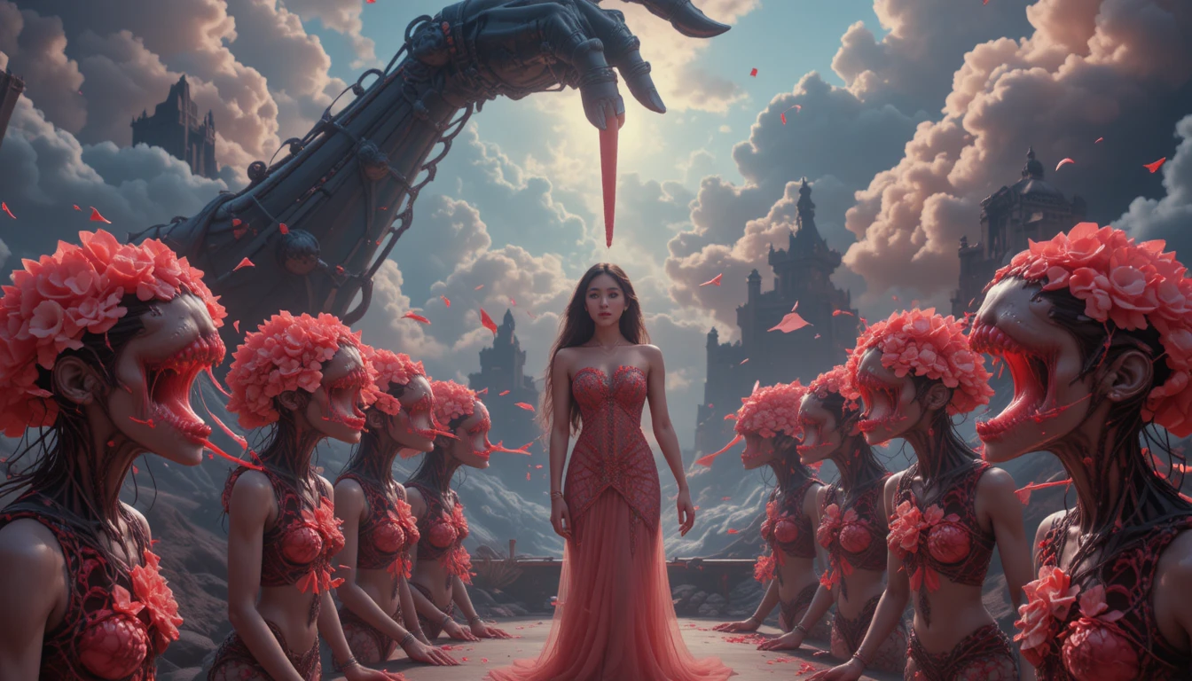 Mulher surreal com mão gigante em paisagem utópica grotesca