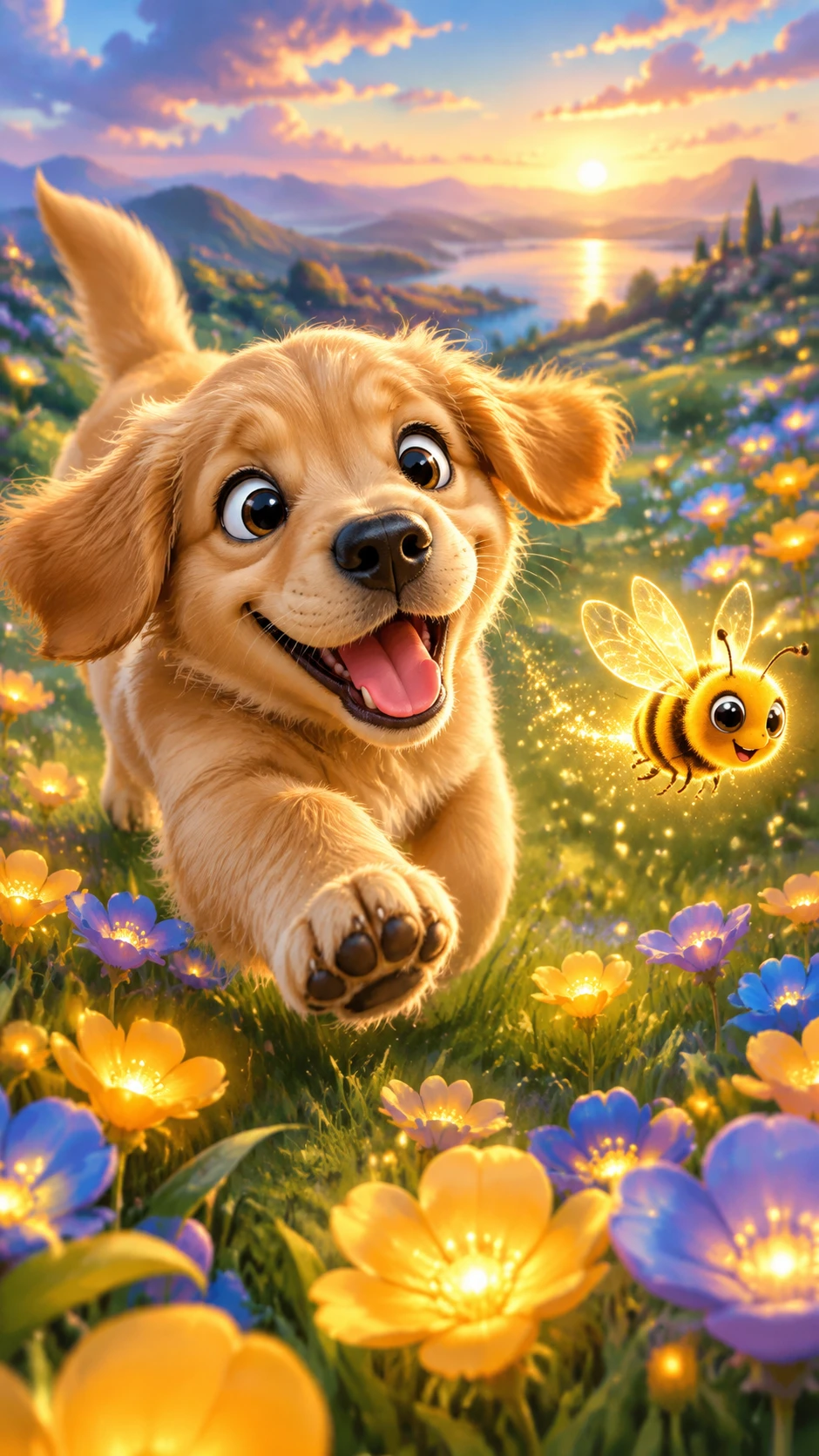 Filhote de golden retriever alegre correndo atrás de uma abelha brilhante