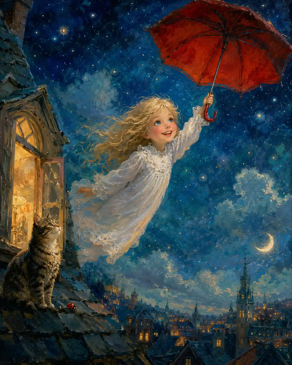 Flying girl with red umbrella over starry night sky