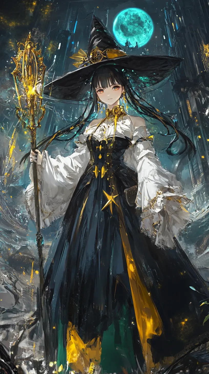 Anime girl in ornate green outfit with black hat