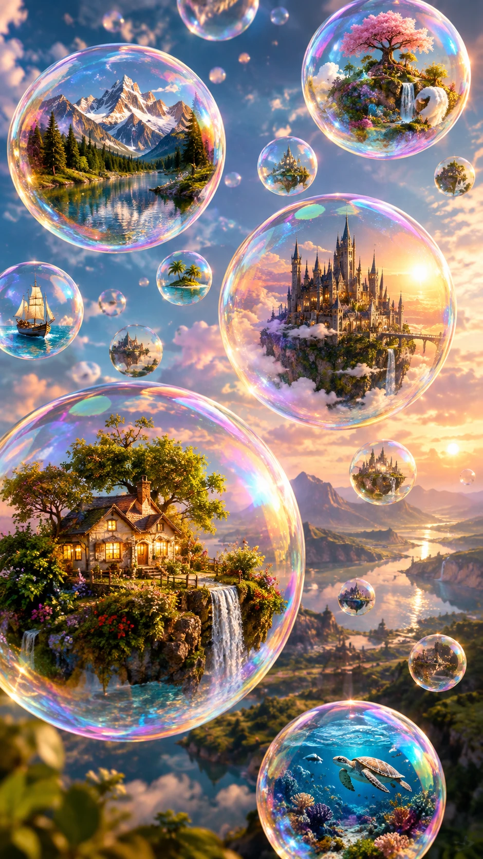 Paisagem onírica surreal de bolhas iridescentes com minúsculos mundos
