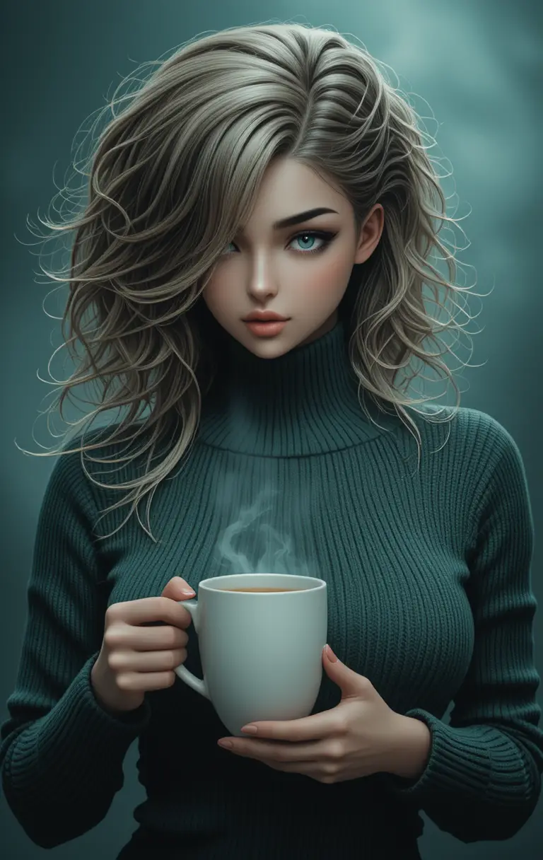 Glamorous blonde woman in green turtleneck sipping hot coffee