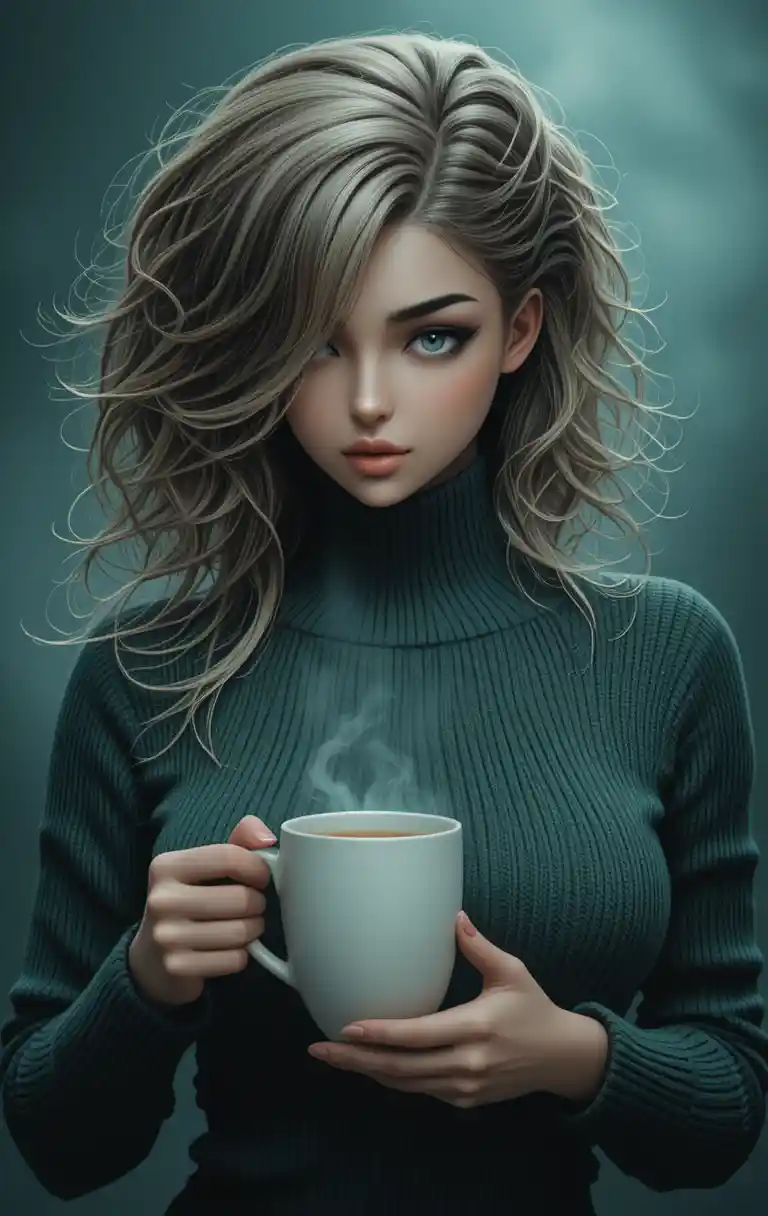Glamorous blonde woman in green turtleneck sipping hot coffee