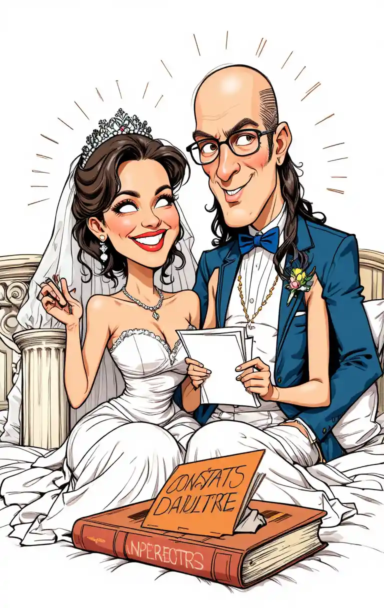 Illustrazione cartoon giocosa di una coppia di novelli sposi