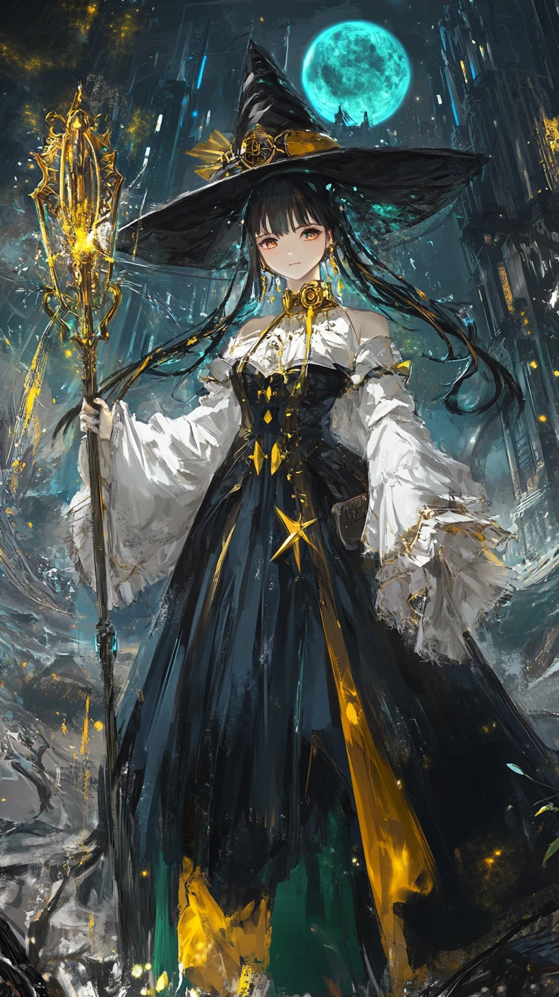 Anime-Mädchen im verzierten grünen Outfit mit schwarzem Hut