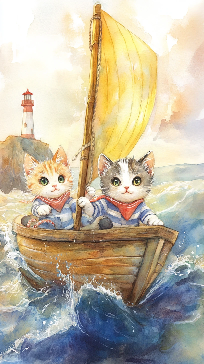 Gatinhos em aquarela velejando em um pequeno barco no mar agitado