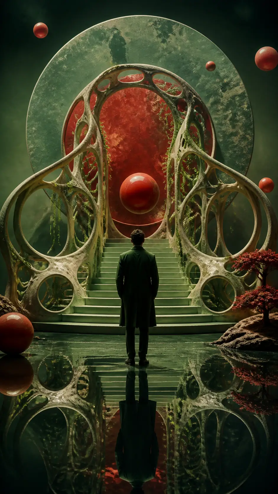 Surrealistisches Porträt einer schönen Frau in einer biomorphen Szene
