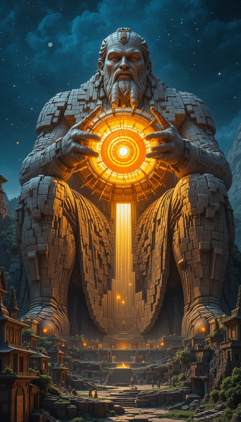 Antigo deus de voxels construindo um sol radiante de blocos