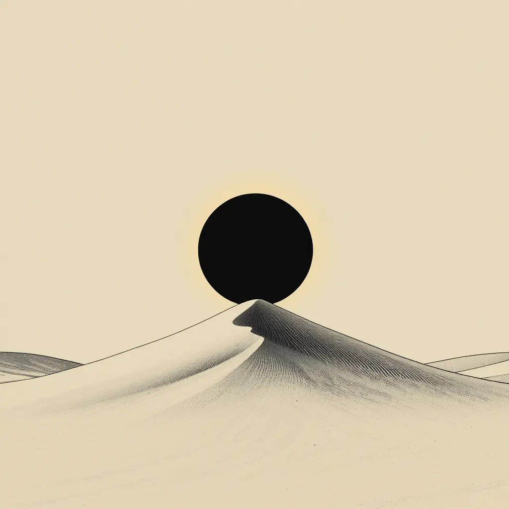 Linea d’arte minimalista di eclissi solare sopra duna del deserto