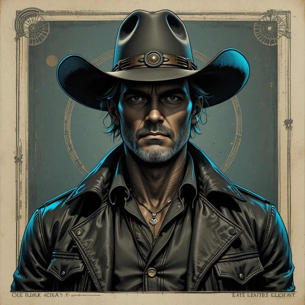 Retrato de pistoleiro cowboy estoico com iluminação de recorte dramática
