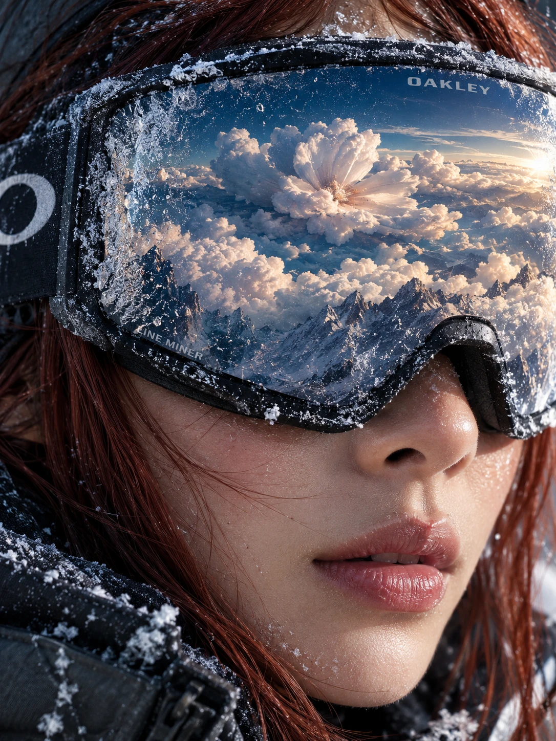 Close extremo de mulher com óculos de esqui refletindo nuvens