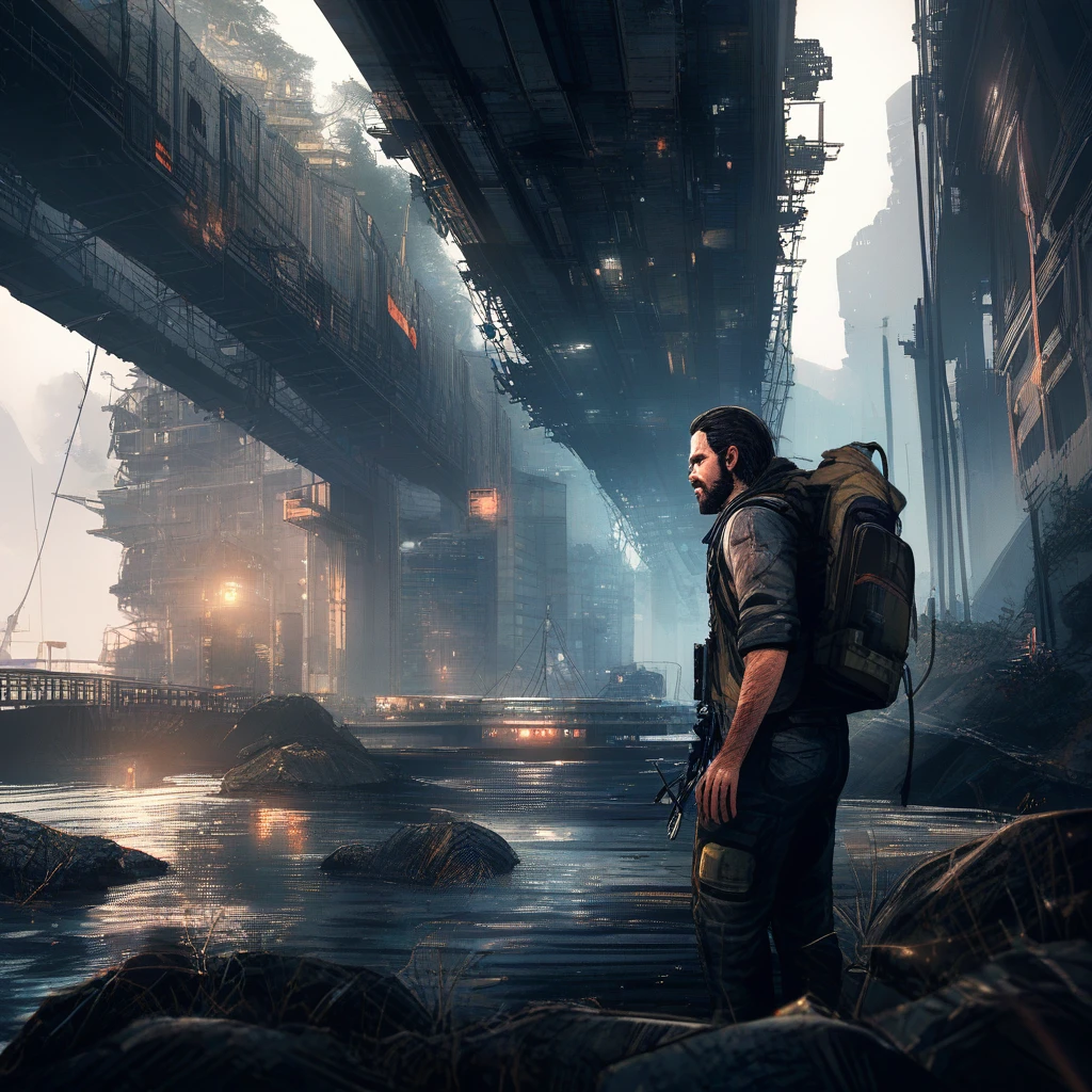 Paisaje urbano a nivel de calle inspirado en un mundo de juego distópico
