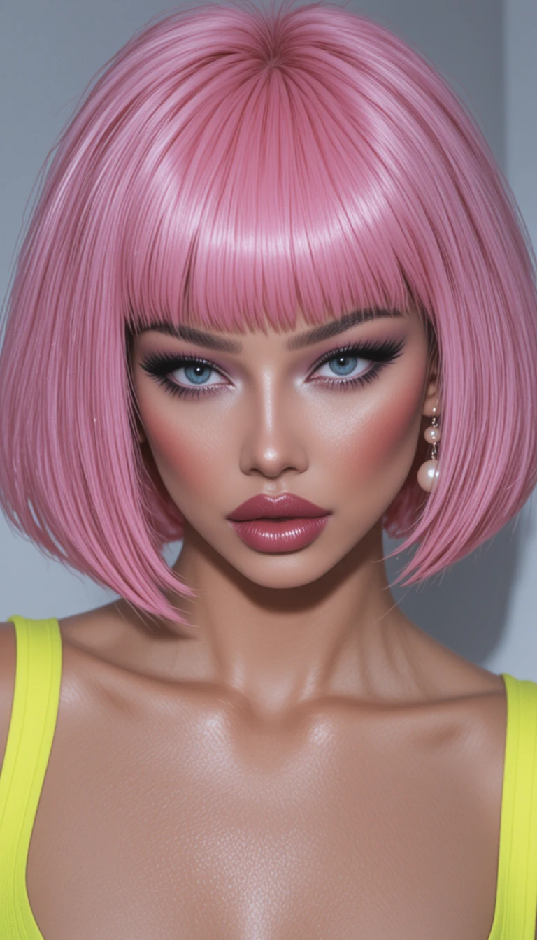 Retrato com cabelo bob rosa neon e olhos azuis confiantes