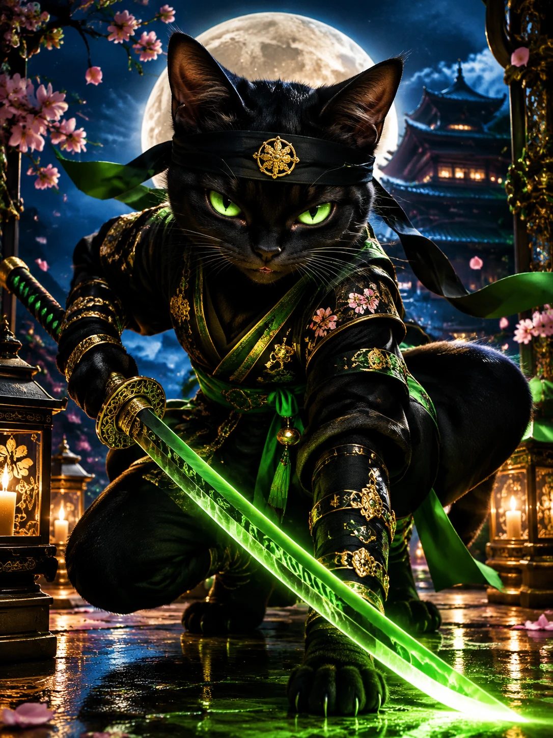 Gato preto ninja agachado sob um céu iluminado pela lua