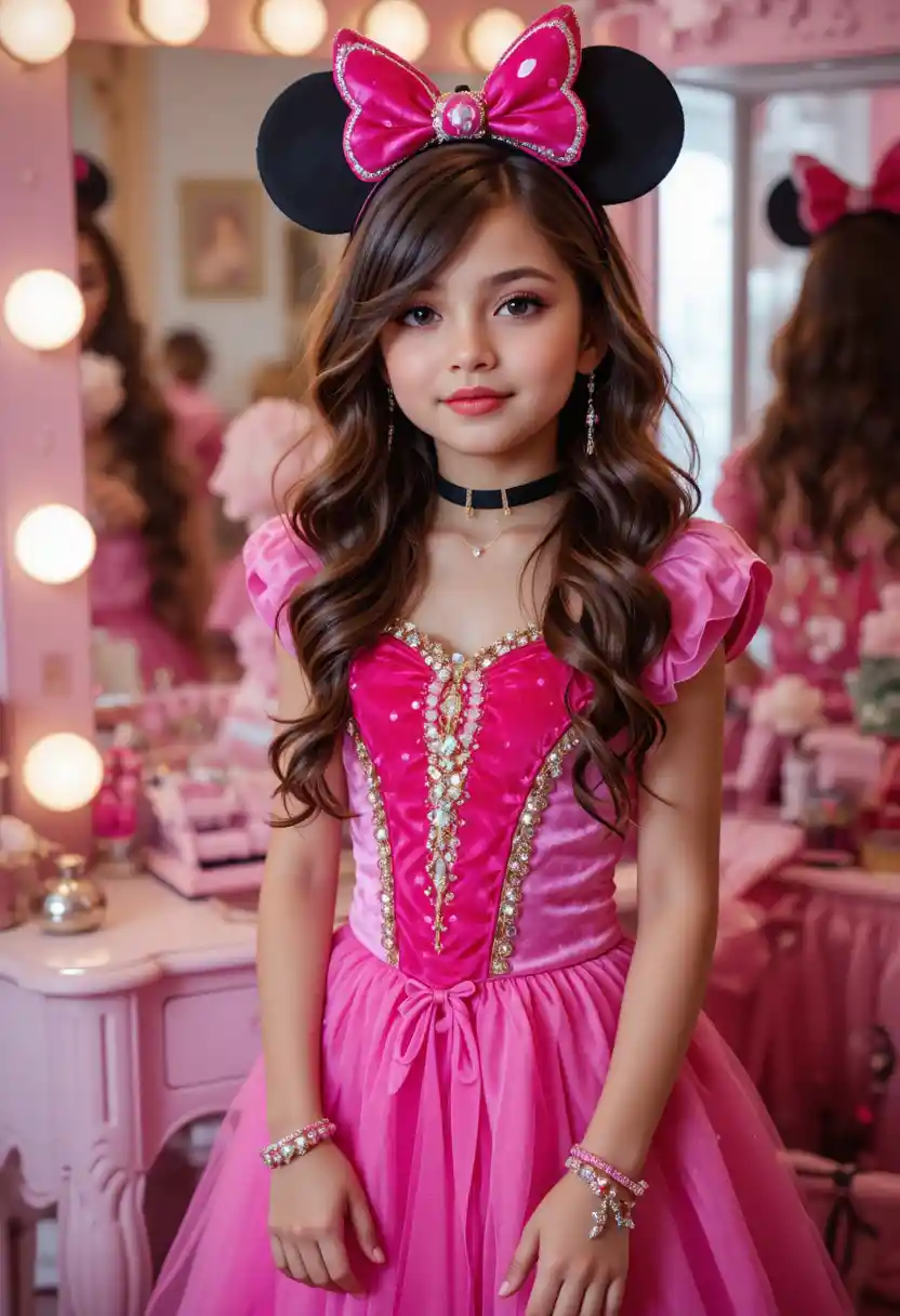 Tween boy posing in a pink princess costume at vanity