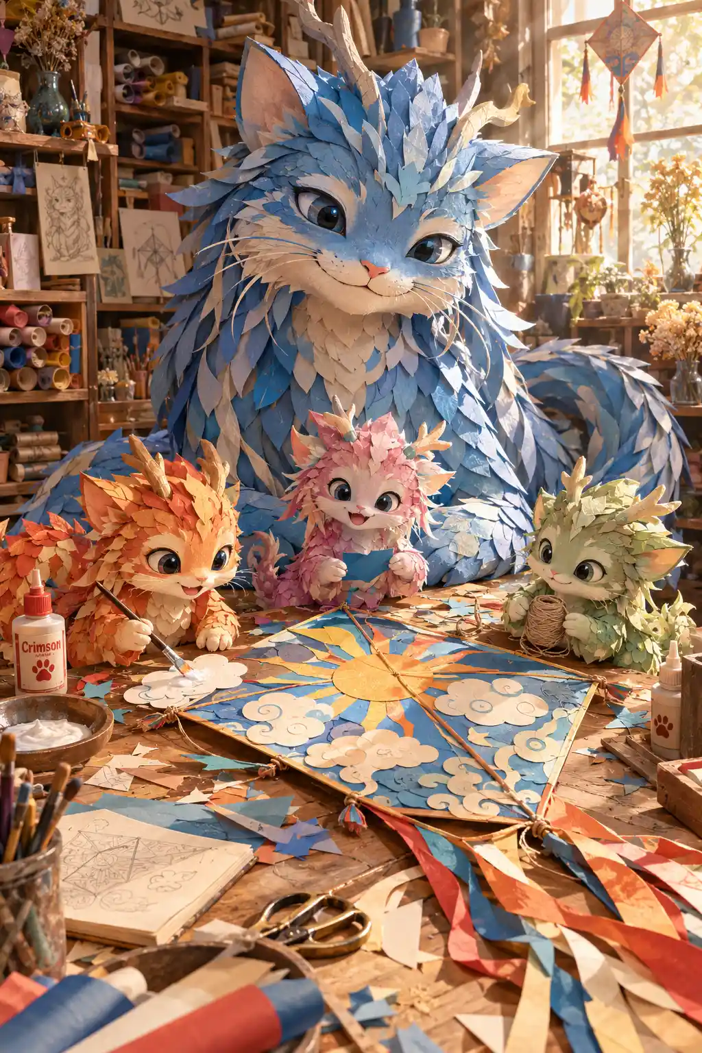 Família de dragão-gato de papel criando uma pipa colorida