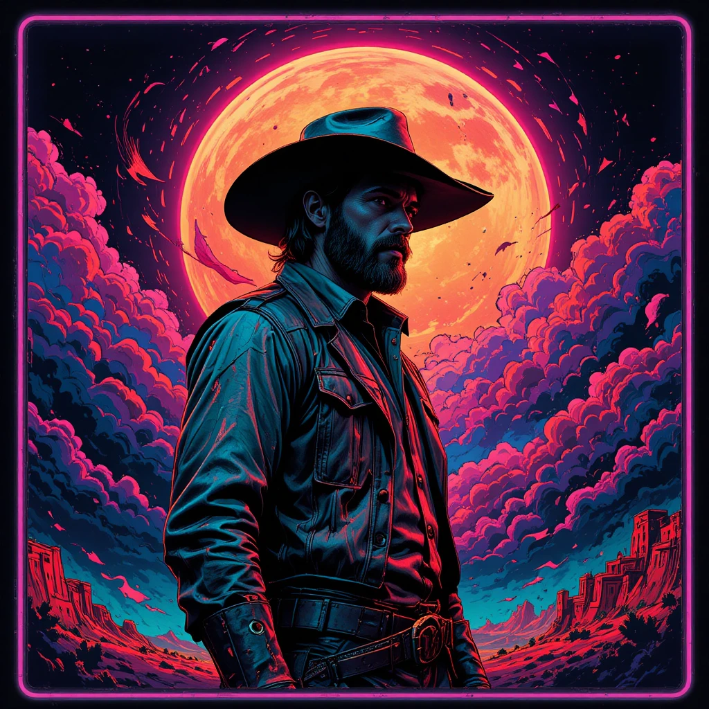 Retrato de cowboy psicodélico em estilo de pôster retrofuturista