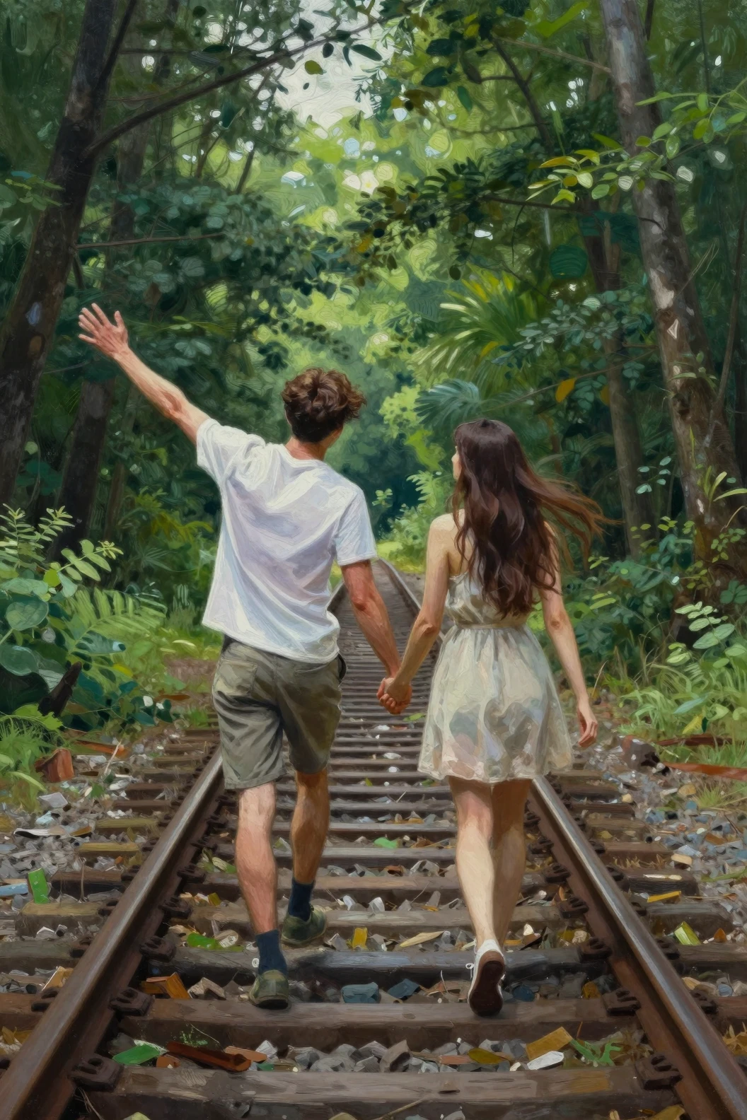 Casal jovem caminhando na ferrovia da floresta à luz do verão
