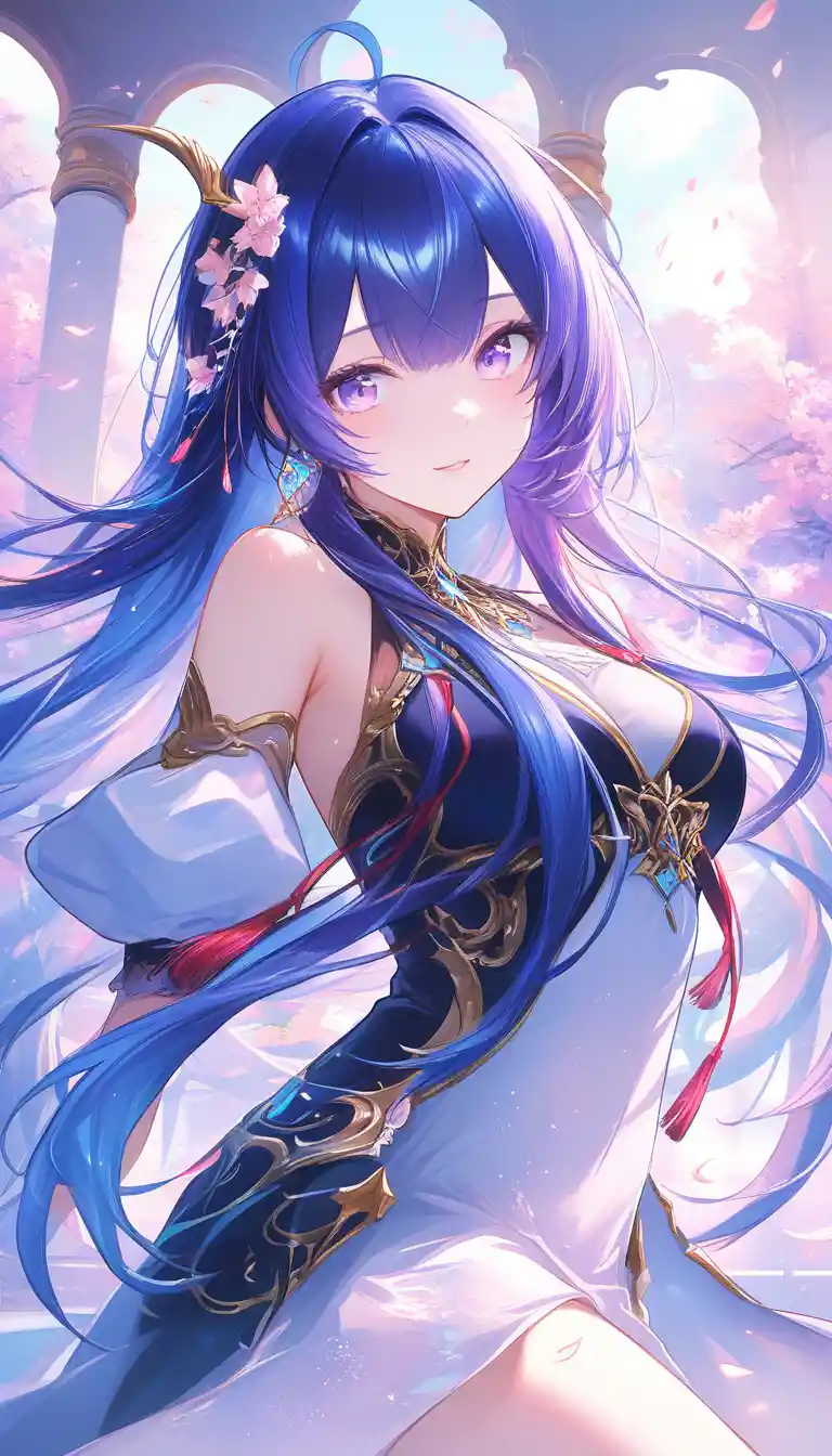 Elegant horned woman on a sunlit fantasy balcony